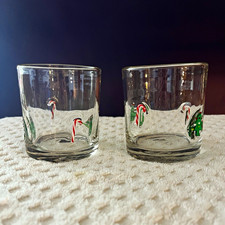 2pc Clear Glass Tumblers Set 10 oz Decorated Christmas Tree Candy Cane