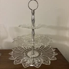 VTG 3 Tier Pressed Glass Serving Tray Petal Scalloped Silver Metal Stand  14"