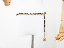 Authentic CHANEL Coco Mark Chain Belt Gold Black Leather Round Charm Women w/Box