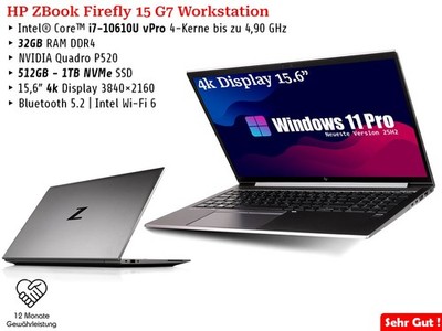 HP ZBook Firefly 15 G7 | 15,6'' 4K | i7 10.Gen | 32GB | 1TB | Quadro P520 | Win11