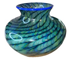 Hand Blown Art Glass Blue Swirl  Blue Top Rim Vase 7  Tall