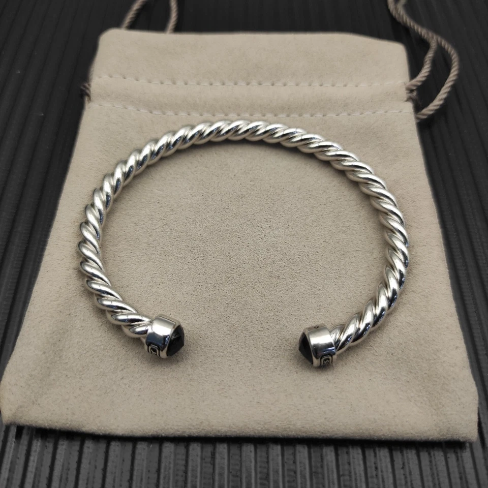 Pulsera abierta malaquita cabeza redonda tipo cable plata 925 6mm Foto 2 de 4