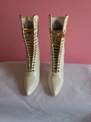 Vintage Porcelain Boots Set Of 2 Floral Lace Up Heelys Figurine 6.8 In Tall