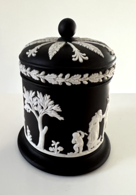 wedgwood tobacco jar White on Blue Jasperware Round Lidded Container Cigarette Wedgwood Sage Green Jasperware Tobacco