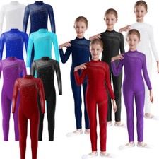 Kid Girls Gymnastic Leotard Rhinestone Long Sleeve Jumpsuit Ballet Dance Costume