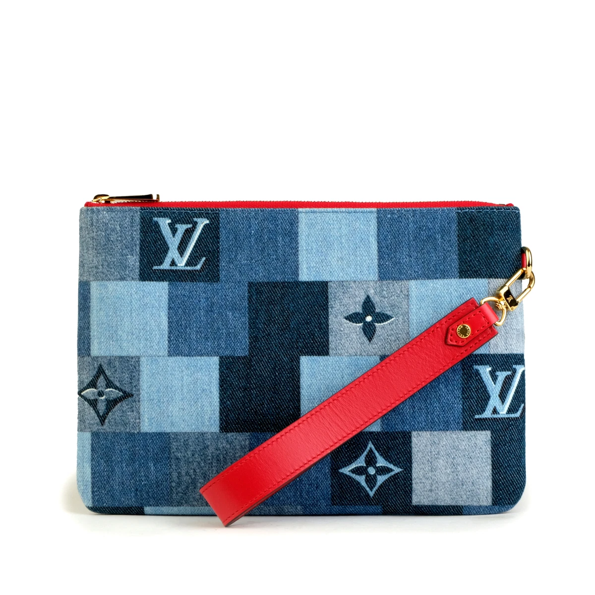 LOUIS VUITTON City Pouch Blue Denim Red Leather Checkered Monogram