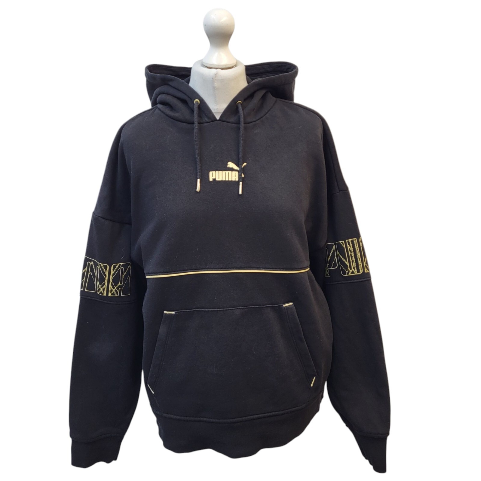 Felpa sportiva con cappuccio Fila nera e oro con coulisse UK donna taglia L EE483