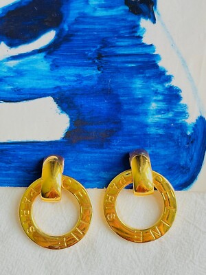 Celine Paris 1980s Vintage Massive Iconic Logo Circle Hoop Drop Clip Earrings
