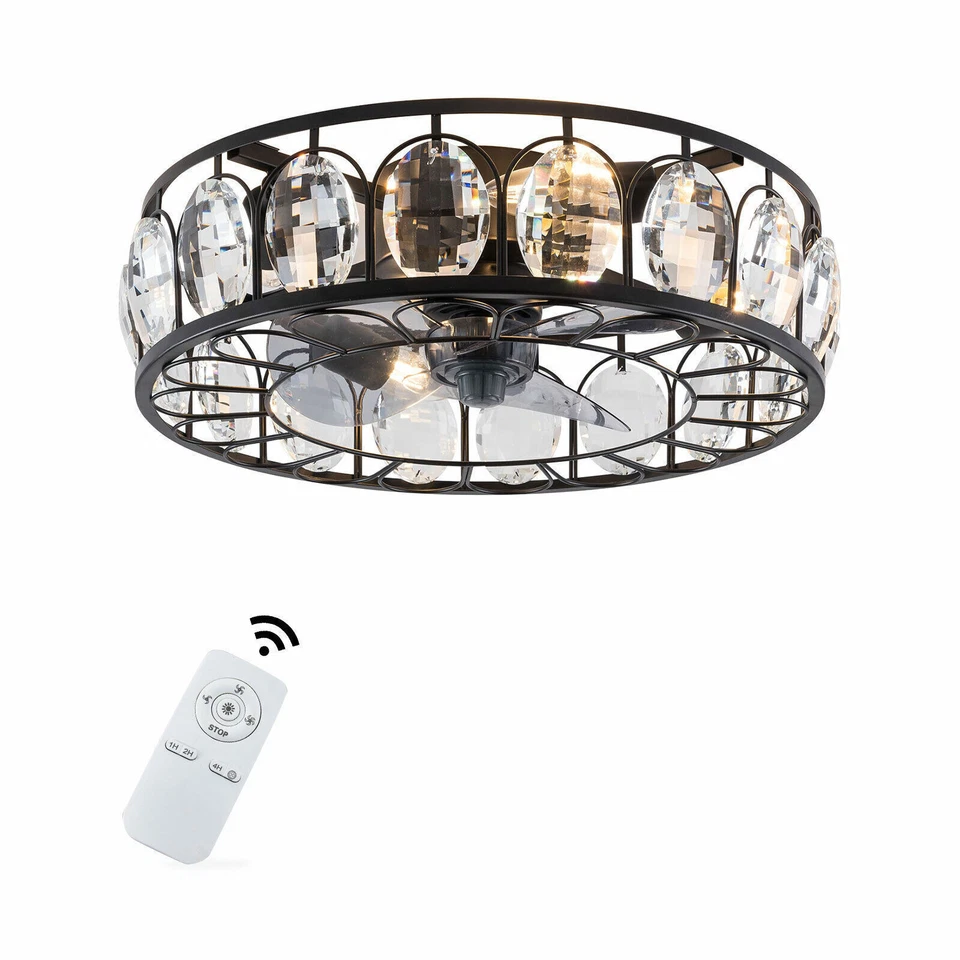18" Enclosed Ceiling Fan Light Crystal 3 Speeds Fandelier Caged Lamp w/ Remote - Image 4 of 4