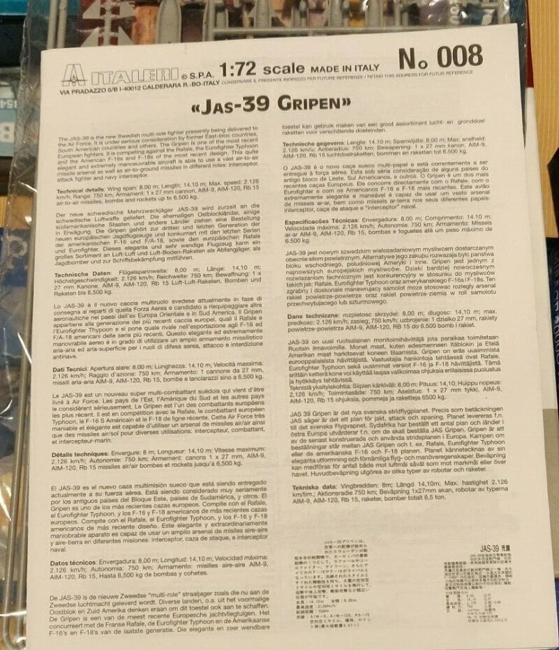 Italeri SAAB JAS 39 GRIPEN 008 senza scatola 1/72 no box rare - Immagine 3 di 4