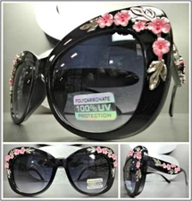 OVERSIZED VINTAGE RETRO CAT EYE Style SUNGLASSES Thick Black Frame Floral Design
