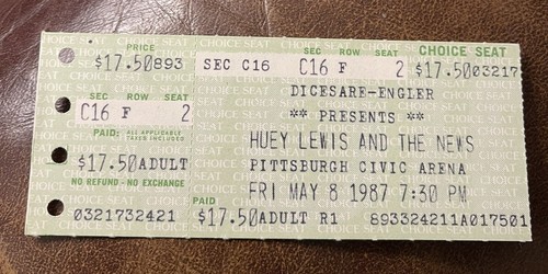 HUEY LEWIS AND THE NEWS SELTENE UNBENUTZTE KONZERTKARTE PITTSBURGH, PA 05.08.1987