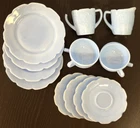 14 pc CHERRY BLOSSOM CHILDREN'S GLASS DINNER SET - JEANNETTE  - LT BLUE DELPHINE