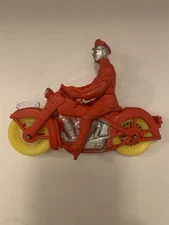 Large 6” Vintage Auburn Rubber Red Police Motorcycle (Yellow Wheels) W/Driver