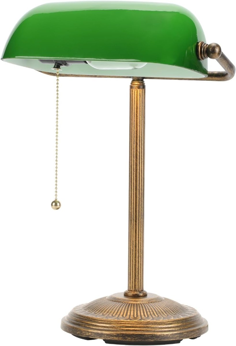 Bankers Desk Lamp Green Glass Shade Vintage Desk Lamp W/ Pull