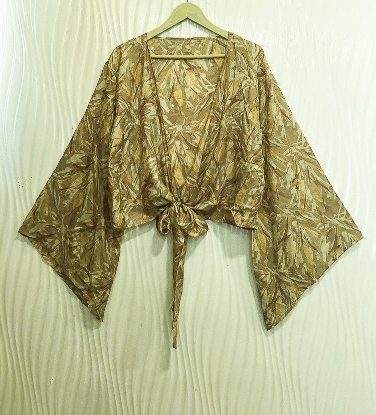 Bell Sleeve Wrap Top / Pure Silk Bohemian Crop Blouse PSW1492