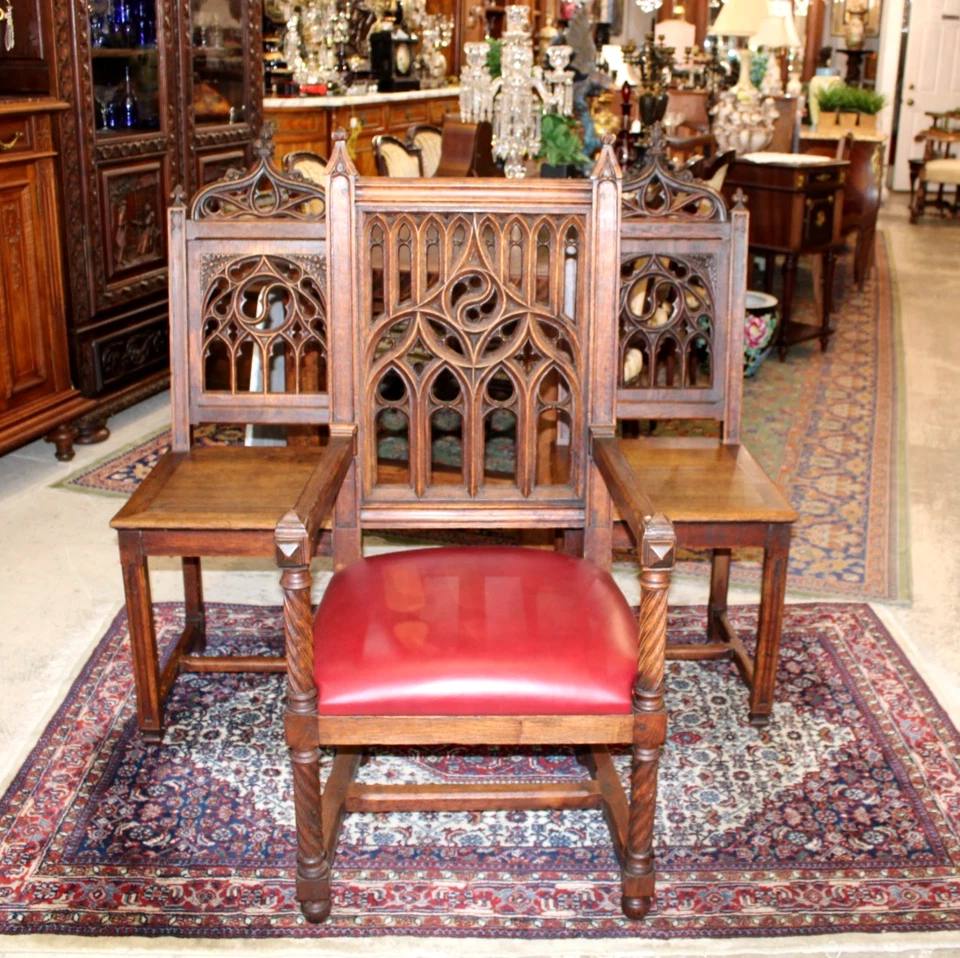 Conjunto de 3 cadeiras/cadeiras de escritório francesas antigas de carvalho gótico e 2 cadeiras - Imagem 2 de 4