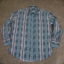Wrangler Checotah Western Shirt Mens L Pearl Snap Aztec Geometric Turquoise Blue