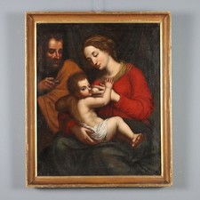 Dipinto Antico Madonna con Bambino e San Giuseppe Scuola Emiliana XVII Secolo