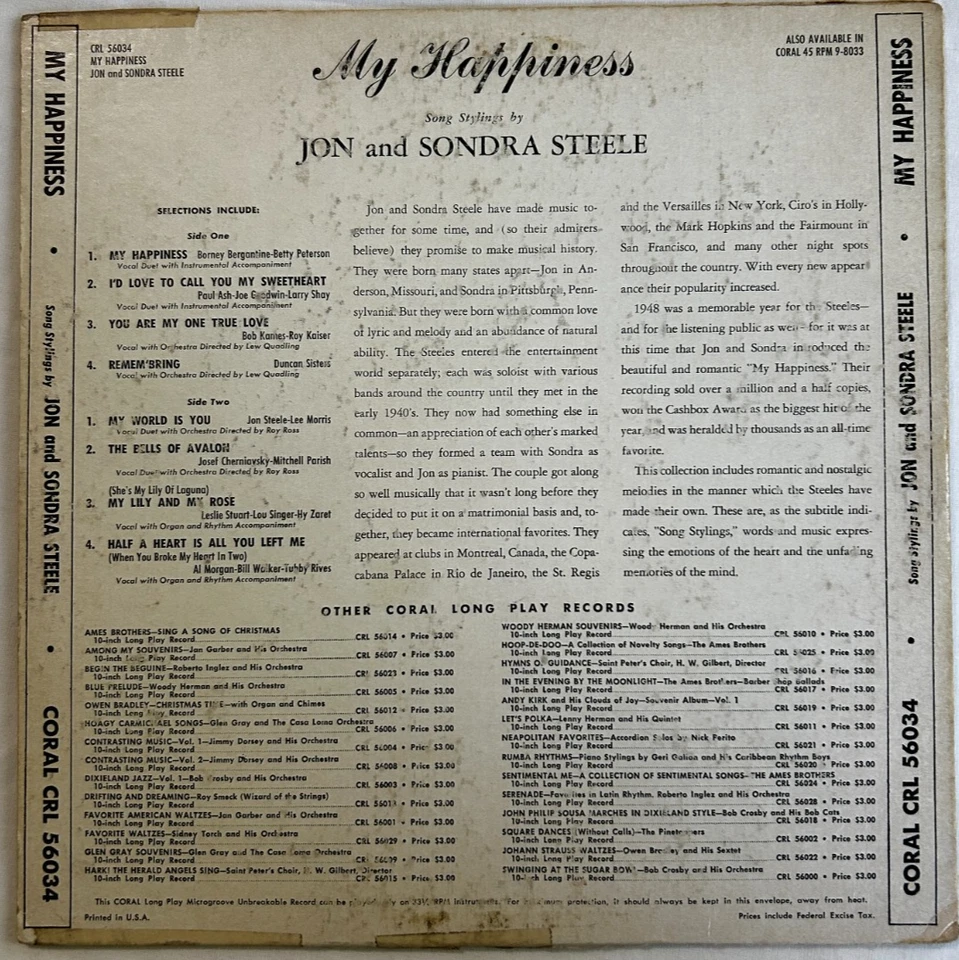 My Happiness - Song Stylings by Jon & Sandra Steele - 10" Coral Microgroove VG Foto 4 de 4