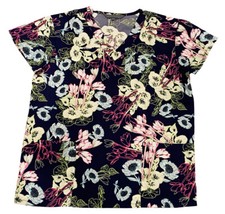 Womens Microfiber Medical Scrub Tops Navy Base Blue Green Pink Sketch Flower XL