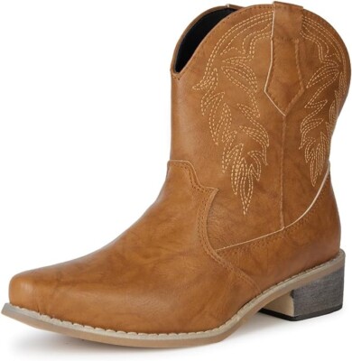 Remxi Damen Western Cowboystiefel Stiefeletten niedrig klobig spitz zulaufend Schuhe