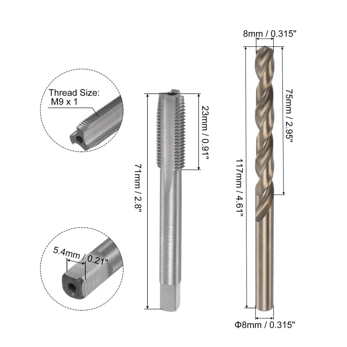 M9 x 1 H2 Straight Flute Tap 8mm Drill Bit High Speed Steel Tap Bit Set