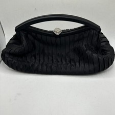 Black Satin Rhinestones Clutch Pleated Evening Purse 12  1980s