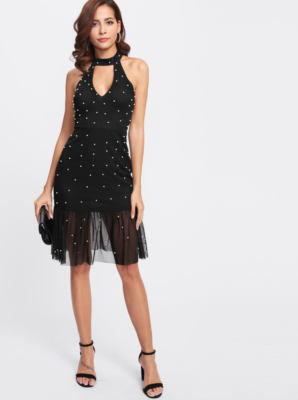 black backless dress with pearls Amarra 89343 Backless Pearl Prom Dress Crystal Cut Out Gown 2 / Black main image 0