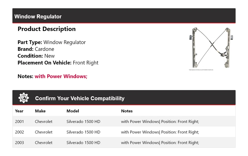 Regulador de ventana delantero derecho Cardone para Chevrolet Silverado 1500 HD 2001-2003 Foto 2 de 4