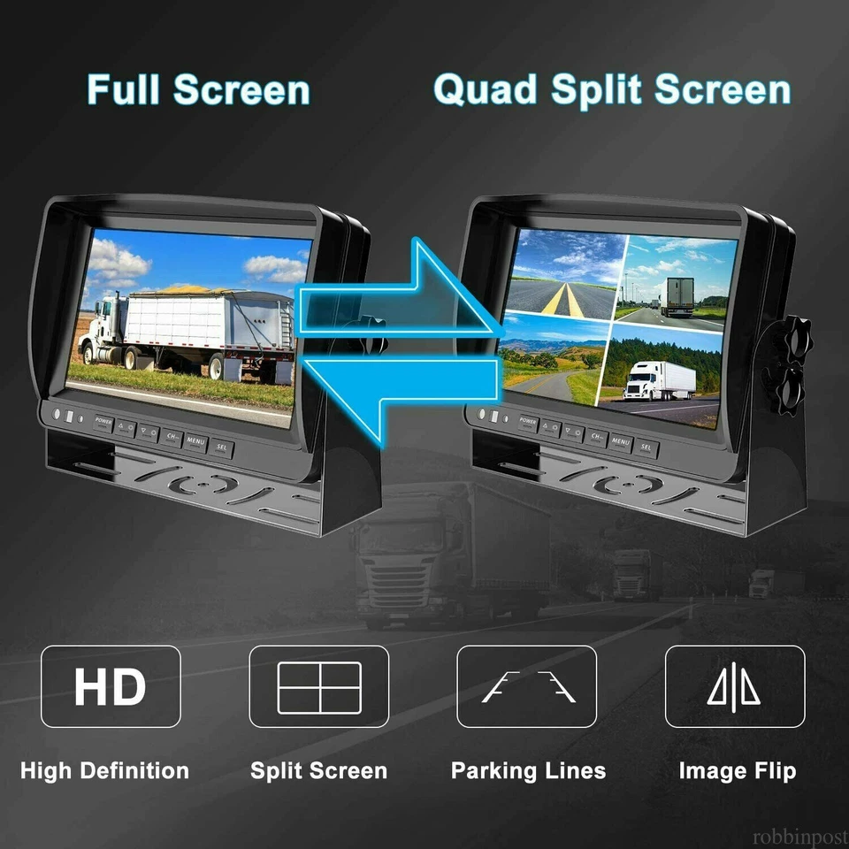 9" Monitor DVR For RV Truck Trailer Rear Side View Quad HD Camera 4 Split Screen - Image 2 of 4
