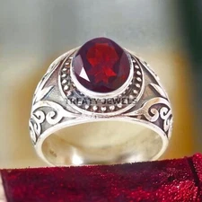 Garnet Oval Cut Gemstone With 925 Sterling Silver Ring For Men's #A376