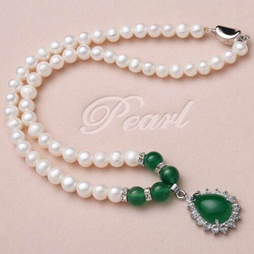 Fresh Water Pearls & Jade 925 Sterling Silver Necklace Hand Strung Pearl Jewelry - Picture 1 of 6