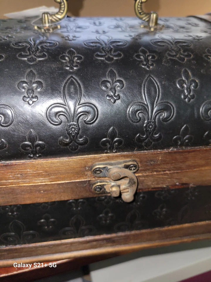 Ashland Collection Brown Wood & Black Fleur De Lis Faux Leather Trunk - Image 3 of 4