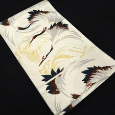 BB319V8 Silk Vintage Japanese Kimono Fukuro Obi Crane Birds
