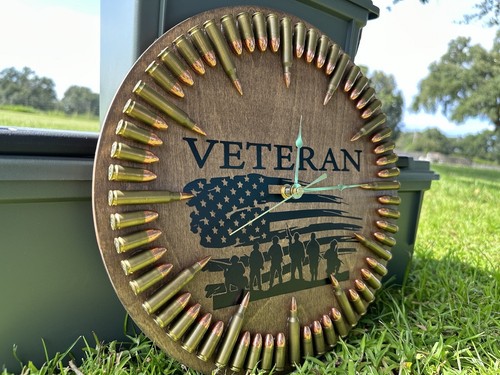 Veteran with Soldiers American Flag-in Oak 12 Inch Wall Clock- 9mm/5.56 Inert - Picture 2 of 9
