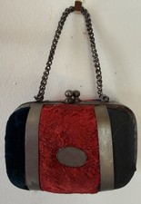 Antique Victorian Doll / Child Purse Red Blue Velvet Silver Chain Coin Valise