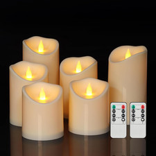 6pc Waterproof Flameless Pillar Candles Indoor Outdoor w/2 Remotes Timer Ivory