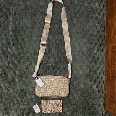 DKNY Logo Print Beige/Brown Crossbody Zip Bag w/ Detachable Strap, Coin Purse
