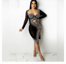 Deja Vu Dress Size XXL Long Sleeve Sheer Cutout Formal Dress Black High Slit Gem