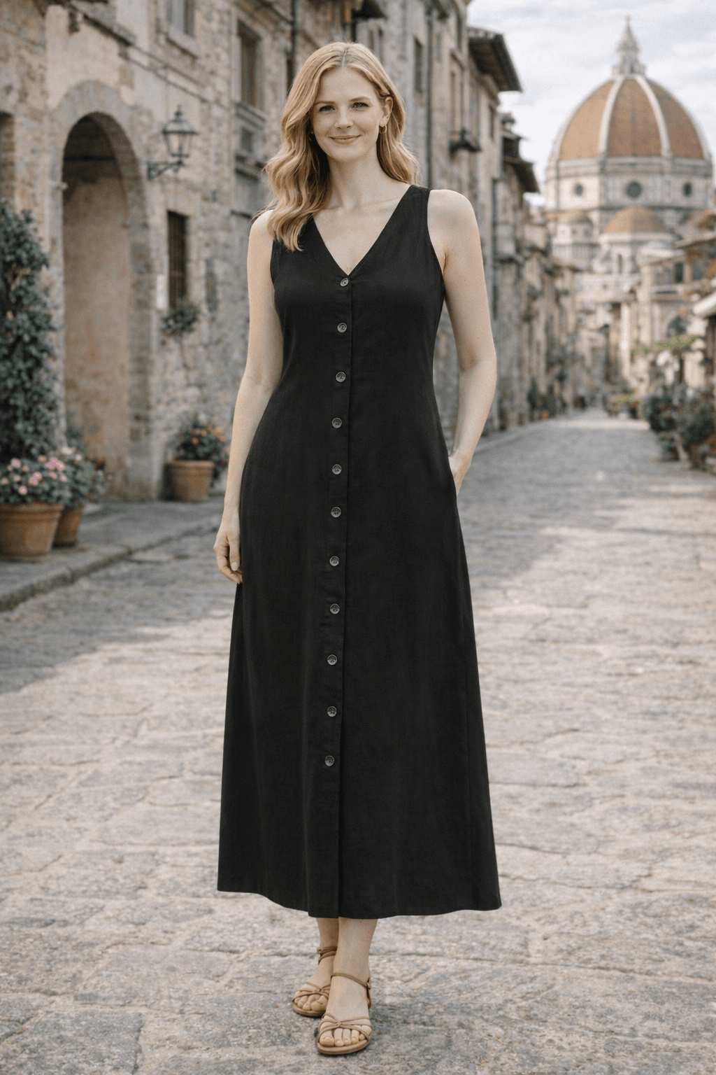 Valerie Stevens Petites vintage 100% linen vneck midi dress 12p