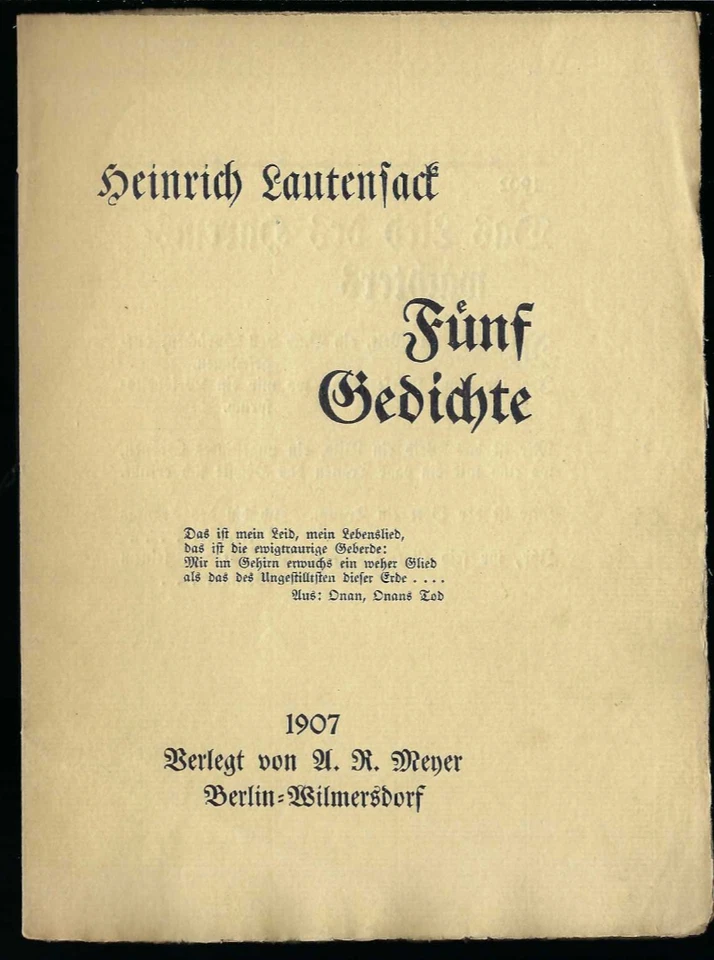 Lautensack, Fünf Gedichte - Lyrische Flugblätter (3), A. R. Meyer, sehr gut - Bild 1 von 1