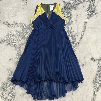 Max & Co Notte Pleated Dress Blue Yellow Sleeveless High Low Size 8