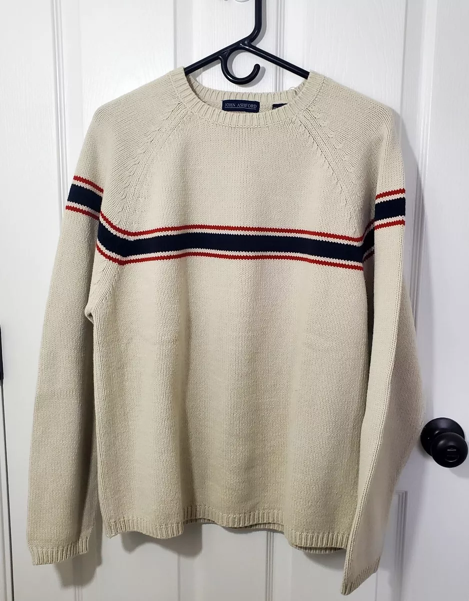 John Ashford Men s Knit Sweater Large Light Beige w Blue Red Stripe