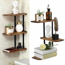 Iron Frame Corner Wall Mounting Shelf 3 Tier Wooden Floating Shelves Plants Rack