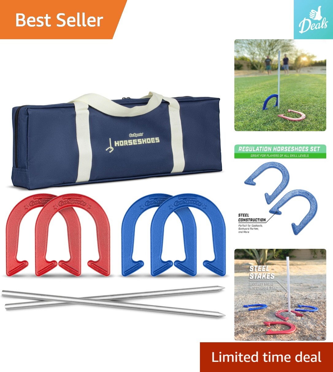 RayChee Hufeisen Spielset Outdoor - 4 Stahl-Hufeisen, 2 Pfähle & Tragetasche Für Garten, Strand & Camping