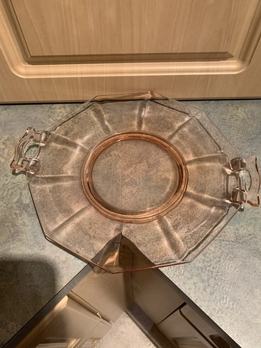 Vintage Octagonal Pink Depression Era Glass Double Handle Cake/Serving Plate