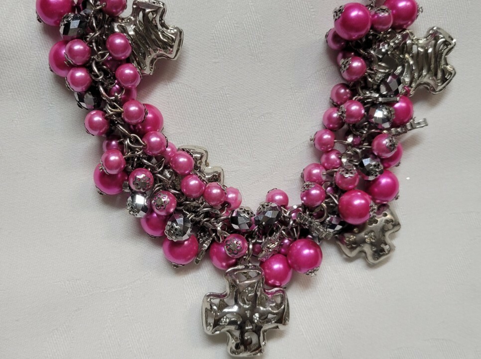 Pink Silver Beaded Chunky Statement Necklace Cros… - image 4