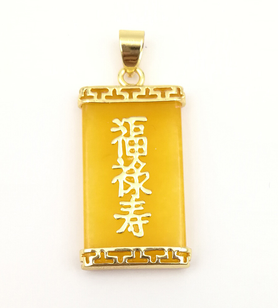 Yellow Multicolor Jade Bless Fortune Longevity 18KGP Rectangle