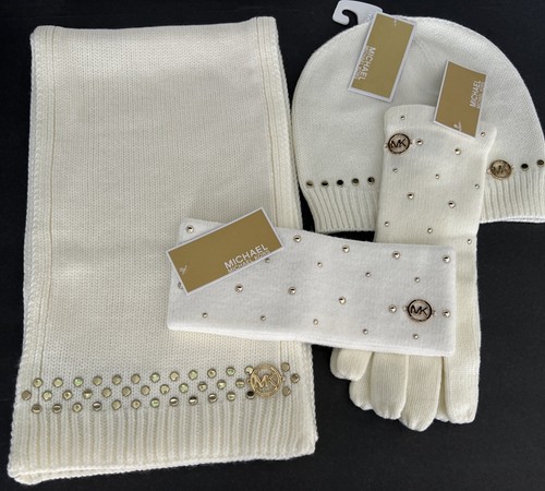 $229 Michael Kors 4-Pc Studded SCARF, HAT, GLOVES 3-Pc Set + HEADBAND White #151 - Picture 14 of 14